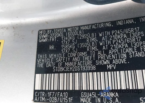 2013 Toyota Highlander Base Plus V6 from USA, damaged, VIN 5TDBK3EH2DS193998